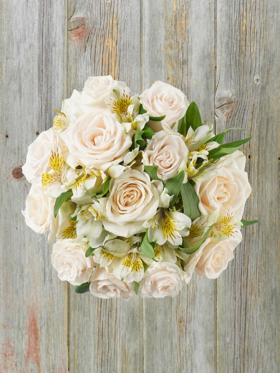 MONOCHROMATIC WHITE  ALSTROMERIA AND  ROSE 18 STEM BOUQUET